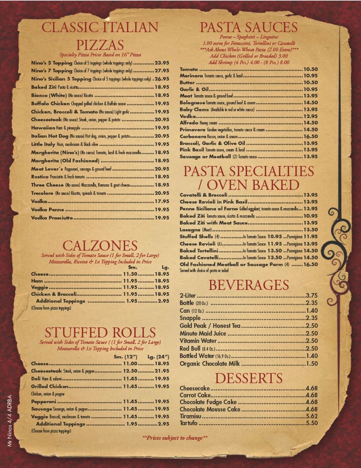 Ninos menu discount